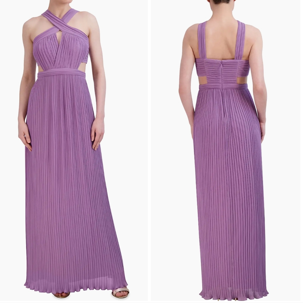 Bcbgmaxazria Womens Purple Full Length Pleated Cutout Halter Dress 4